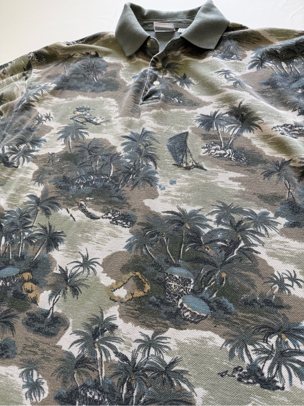 Men's Vintage Bugle Boy Company Green Tropical Print Polo Shirt - Sz Large